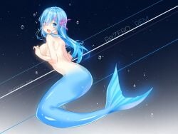 blue_eyes blue_hair blue_tail breasts female fish_tail long_hair looking_at_viewer mermaid mermaid_girl mermaid_tail mermaid_transformation monster_girl moong_gya nude_female open_mouth re:zero_kara_hajimeru_isekai_seikatsu rem_(re:zero) seductive_pose seductive_smile