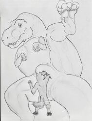 animal_genitalia anthro anthro_on_feral biped bodily_fluids canid canine cloaca cloaca_juice deep_fisting dinosaur duo female feral fisting genital_fluids genitals graphite_(artwork) hgythshs hi_res larger_female larger_feral lost_my_keys lying male male/female male_on_feral mammal on_side pencil_(artwork) pubic_boot reptile scalie size_difference size_play smaller_anthro smaller_male spread_legs spreading theropod thick_thighs traditional_media_(artwork) tyrannosaurid tyrannosaurus tyrannosaurus_rex vertical_cloaca zoophilia