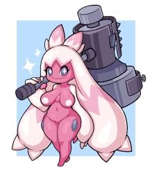 1girls big_breasts blue_background breasts collarbone female female_only game_freak hammer holding_object holding_weapon humanoid long_hair looking_at_viewer marshort navel nintendo nipples nude nude_female pink_body pink_skin pokémon_(species) pokemon pokemon_sv purple_eyes sagging_breasts shortstack simple_background standing star-shaped_pupils symbol-shaped_pupils tagme thick_thighs tinkaton weapon white_border wide_hips