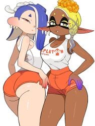 2girls ass blue_hair booty_shorts breast_size_difference breasts brown_skin bubble_butt chocolate_and_vanilla cleavage dark-skinned_female dark_skin deep_cut_(splatoon) ear_piercing female female_only frye_(splatoon) hair_over_one_eye hand_on_hip hips hooters hooters_uniform huge_ass inkling large_breasts light-skinned_female light_skin long_ears looking_at_viewer medium_breasts nintendo octoling pointy_ears red_eyes shiver_(splatoon) short_shorts shorts slim_waist splatoon splatoon_(series) splatoon_3 tank_top tentacle_hair thick_thighs thighs wide_hips yellow_eyes yellow_hair yuta_agc