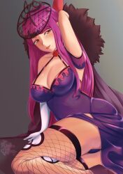 1girls ass bare_thighs beauty_mark big_ass breasts cleavage elbow_gloves female female_only fire_emblem fire_emblem_engage fishnet_legwear fishnets gloves ivy_(fire_emblem) large_breasts long_hair looking_at_viewer mole mole_under_mouth nintendo panties pantyshot pantyshot_(sitting) pink_hair purple_panties red_eyes rinku_bny smile solo thick_thighs thighhighs thighs underwear upskirt very_long_hair violet_hair