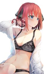 absurdres armpits black_bra black_panties blush bra breasts cleavage collarbone female go-toubun_no_hanayome hair_ribbon highres looking_afar medium_breasts nakano_nino navel open_clothes open_shirt orange_hair panties ribbon shirt solo two_side_up underwear white_shirt yuunamida_uyu