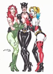 3girls ass asymmetrical_clothes asymmetrical_footwear batman_(series) big_breasts black_high_heel_boots black_mask black_thigh_boots blonde_hair blue_eyeshadow bodysuit boots breasts bulging_breasts bullet bullet_belt carlos_braga catwoman cleavage curvaceous curvy_body curvy_female curvy_figure dc dc_comics dyed_hair ed_benes_studio eyeshadow female female_only gotham_city_sirens green_clothing green_eyeshadow green_high_heel_boots green_leotard green_lipstick hand_on_another's_breast hand_on_breast harley_quinn high_heel_boots high_heels high_resolution inner_sideboob knee_boots latex latex_gloves latex_suit lipstick looking_at_viewer mask masked_female metahuman multicolored_hair multiple_girls no_bra no_bra_under_clothes pale-skinned_female poison_ivy red_eyeshadow red_hair red_high_heel_boots red_lipstick red_thigh_boots sideboob skin_tight thigh_boots thighs twintails two_tone_clothing two_tone_shorts voluptuous voluptuous_female