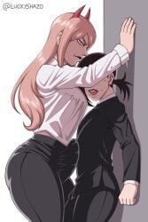 1futa 1girls 2020s 2022 big_breasts big_penis black_hair black_suit blonde_hair breasts bulge chainsaw_man clothed clothing duo erection erection_under_clothes erection_under_clothing female femsub freckles fully_clothed futa_on_female futadom futanari higashiyama_kobeni horns human humanoid intersex kabedon larger_futanari light-skinned_female light-skinned_futanari light_skin long_hair luckyshazo penis pinned pinned_to_wall power_(chainsaw_man) size_difference smaller_female standing suit thick_thighs wide_hips