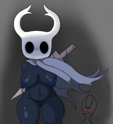 anthro arthropod black_body breasts cloak clothing female female_the_knight_(hollow_knight) genitals hollow_knight horn hornet_(hollow_knight) nipples poraka7 protagonist_(hollow_knight) pussy rule_63 team_cherry thick_thighs vessel_(species) video_games weapon