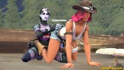 1futa 3d calamity_(fortnite) cum dark_bomber female fortnite futa_on_female futanari hand_on_butt hand_on_penis jerkingoff latina_futa milked milking tongue_out