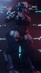 1girls 3d alien alien_girl armor ass bodysuit breasts busty female female_sangheili halo_(series) hand_on_breast helmet sangheili solo solo_female strangersfm thick thick_ass_monster