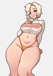 1girls angela_ziegler blonde_hair blue_eyes bra breasts female female_only honeyshaman large_breasts mercy orange_panties overwatch panties see-through short_hair smile solo underwear