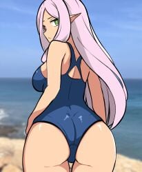 1girls alternate_costume ass bare_thighs beach big_ass blue_one-piece_swimsuit blue_swimsuit breasts female female_only fire_emblem fire_emblem:_the_binding_blade from_behind green_eyes heterochromia highres idunn_(fire_emblem) long_hair looking_at_viewer looking_back median_furrow medium_breasts nintendo one-piece_swimsuit pointy_ears purple_hair red_eyes sand solo swimsuit tavi_(hosheezus) thick_thighs thigh_gap thighs water