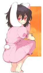 :3 ass black_hair bunny_ears bunny_tail clothed dress feet female inkuusan pink_dress red_eyes smug soles tewi_inaba touhou