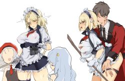 1boy 3girls banssee blonde_hair breasts commander_(girls'_frontline) covered_nipples g36_(girls'_frontline) girls'_frontline heckler_&_koch highres implied_sex large_breasts maid maid_headdress mp5_(girls'_frontline) multiple_girls sex_toy vibrator