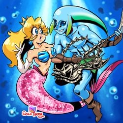 1boy 1girls 2018 anthro blonde_hair clothed clothing crossover crown dcon ear_piercing female fishman gloves heart link majora's_mask male marine mario_(series) merfolk mermaid mermaid_ass mermaid_girl mermaid_position mermaid_tail monster_girl_(genre) nintendo piercing princess_peach sasatseng seduction seductive_eyes seductive_mouth seductive_pose sex split_form straight the_legend_of_zelda topless underwater video_games water zora zora_link