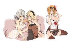 3girls banssee blonde_hair blush breasts g36_(girls'_frontline) gentiane_(girls'_frontline) girls'_frontline highres kalina_(girls'_frontline) large_breasts multiple_girls nipples orange_hair pink_hair see-through