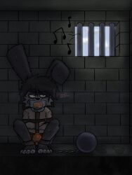 absurd_res anthro bodily_fluids bondage bondage bound bulge buntomo chastity_cage chastity_device cuff_(restraint) elo feet footprint forced gag gagged hare hi_res kidnap kidnapping lagomorph leporid male mammal paws prison prisoner rabbit restraints solo sweat