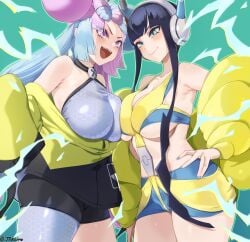 2girls absurd_res alternate_breast_size black_hair blue_eyes blue_hair breasts elesa_(pokemon) female female_only game_freak gym_leader hand_on_hip headphones hips iono_(pokemon) jtveemo large_breasts light-skinned_female light_skin long_hair long_sleeves nintendo pink_eyes pink_hair pokemon pokemon_(franchise) pokemon_(game) pokemon_bw2 pokemon_sv slim_waist symmetrical_docking thick_thighs thighs two_tone_hair wide_hips