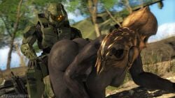 1boy 1boy1girl 1girls 3d alien alien_girl all_fours ambiguous_penetration arbiter armor ass bent_over breasts female female_sangheili halo_(series) helmet male rule_63 sangheili sex spartan_(halo) strangersfm thick_ass_monster