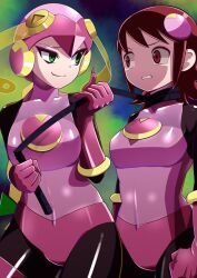 2girls evil_empress_roll evil_grin hypnosis latex latex_suit leash leash_and_collar leash_pull matching_outfit mayl_sakurai mayl_sakurai_(cross_fusion) mega_man mega_man_battle_network multiple_girls oerba_yun_fang possession red_hair roll.exe sadism skin_tight slave tight_clothing tight_fit yuri