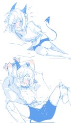 1girls arms_up blush blushing breasts_out demon_horns demon_tail doki_doki_literature_club fang female horns imp imp_horns legs_spread natsuki_(doki_doki_literature_club) nsfwbannn open_mouth pussy_visible_through_clothes shirt shorts sketch solo spreading_legs tail tears tears_in_eyes tears_of_big_sad