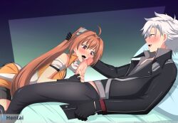 1boy 1girls bed blowjob blush eiyuu_densetsu estelle_bright fellatio female fingerless_gloves gloves licking_penis light-skinned_female light-skinned_male light_skin looking_at_partner looking_at_penis nose_blush rean_schwarzer trails_of_cold_steel