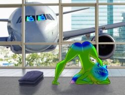 aircraft airport big_breasts breasts breasts_on_floor folded_clothes funny gradient_skin green_skin jack-o_pose martincitopants