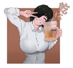 1girls beer beer_mug big_breasts bra chainsaw_man closed_eyes clothing eyepatch female female_only himeno_(chainsaw_man) light-skinned_female office_lady see-through shounen_jump smile sunzo05