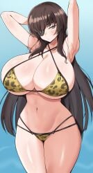 1girls aqua_eyes armpits arms_up bikini breasts brown_hair counter:side eyepatch female hi_res hips huge_breasts large_breasts lee_jisoo leopard_print leopard_print_bikini light-skinned_female light_skin long_hair massive_breasts thick_thighs thighs tiger_drop wide_hips