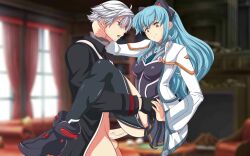 1boy1girl amber_eyes ambiguous_penetration animated arm_around_neck blue_hair carrying eiyuu_densetsu female fully_clothed_female hair_accessory hand_on_hand light-skinned_female light-skinned_male looking_at_partner looking_down no_sound rean_schwarzer red_eyes sex thighhighs tio_plato trails_of_cold_steel twintails video white_hair