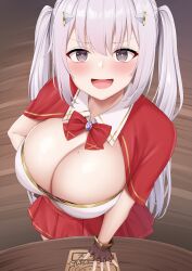 1girls beauty_mark blush breasts cleavage downblouse female grey_eyes hand_on_hip hi_res huge_breasts kusana_(dudqja602) light-skinned_female light_skin long_hair mole_on_breast oc original_character revealing_clothes smile smug twintails white_hair