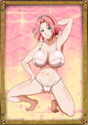 1girls alternate_breast_size arm_behind_head arm_up barefoot blush bra breasts busty cameltoe cleavage female female_only full_body green_eyes long_hair looking_at_viewer naruto naruto_(series) naruto_shippuden one_arm_up panties pink_hair rarurera sakura_haruno shoulder_length_hair smile solo solo_focus spread_legs squatting tiptoes underwear