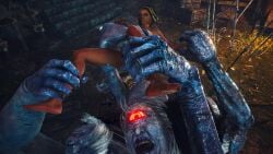 braided_hair captured colored_hair creature dark-skinned_female defeated feet female grabbed grabbing_arm grabbing_legs helpless imminent_rape koei_tecmo mitsume_yazura monster nioh_2 struggling team_ninja tongue_out worried