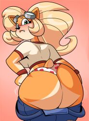 ass bubble_butt coco_bandicoot crash_(series) embarrassed overalls overalls_down panties pants pants_down pants_pull superspoe thong