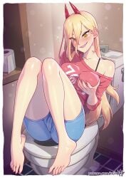 1girls barefoot bathroom_scene_(chainsaw_man) blonde_hair chainsaw_man demon_girl demon_horns fake_breasts feet female female_only groping_breasts kajinman light-skinned_female mappa power_(chainsaw_man) shounen_jump