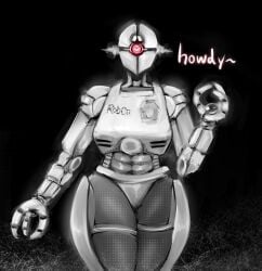 abs assaultron assaultron_(fallout) black_and_white claw_hands dravisdraws english_text fallout heart-shaped_pupils robot robot_girl single_eye solo solo_female solo_focus staring_at_viewer text thick_thighs three_fingers