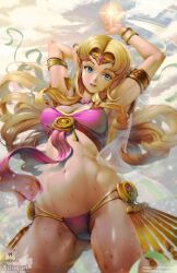 1girls 2022 armpits arms_up big_thighs bikini bikini_bottom bikini_top blonde_hair blue_eyes blue_sky bracelet bracelets breasts cloud clouds cutepet earrings female_only light-skinned_female light_skin long_hair looking_at_viewer mouth_open necklace nintendo pink_lips pink_lipstick princess_zelda shiny_breasts shiny_skin skimpy_bikini solo_female teeth teeth_showing teeth_visible the_legend_of_zelda thighs toned_body toned_female toned_stomach triforce triforce_earrings wet wet_body wet_skin yellow_hair zelda_(a_link_between_worlds)