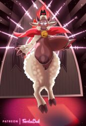 2022 anthro big_breasts blush bodily_fluids bovid breasts caprine cult_of_the_lamb digital_media_(artwork) eyelashes female fur furry furry_only genital_fluids genitals glistening glistening_eyes hi_res hooves horn huge_breasts huge_hips huge_thighs lamb_(cult_of_the_lamb) licking licking_lips mammal nipples pussy pussy_juice red_crown_(cult_of_the_lamb) sheep solo tentabat thick_thighs tongue tongue_out white_eyes wool_(fur)