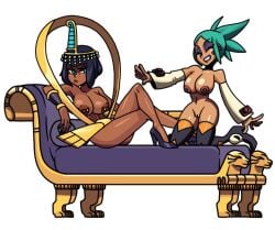 2girls big_breasts black_hair blue_eyes bob_cut breasts cerebella closed_eyes egyptian eliza_(skullgirls) eyeliner functionally_nude green_hair high_heels lady_ironande medium_hair multiple_girls nipples pierced_nipples pussy shaved_pussy short_hair skullgirls tan_skin vagina