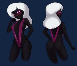 black_skin blue_eyes blush duck_dodgers female female_solo hand_on_hip large_breasts long_hair queen_tyr'ahnee relatedguy solo swimsuit warner_brothers white_hair wide_hips