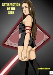 1girls ass ass_focus black_outfit breasts brown_hair cleavage comic comic_cover comic_page female female_only green_eyes holocron lasketch light-skinned_female light_skin looking_at_viewer looking_back nose_piercing piercing red_straps satisfaction_of_the_sith septum_piercing sith star_wars the_force