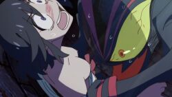 1girls black_hair blue_eyes breasts breasts_out edit embarrassed female human jomokin kill_la_kill light-skinned_female matoi_ryuuko medium_breasts monster nipples pink_nipples screenshot_edit short_hair studio_trigger