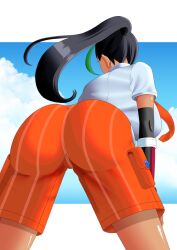 1girls ass back back_view bending_over black_hair breasts brown_skin bubble_butt clothed female game_freak huge_ass large_breasts long_hair necktie nemona_(pokemon) nintendo outdoors pokemon pokemon_sv s.forest school_uniform schoolgirl slim_waist tie