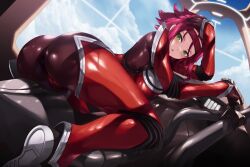 1girls ass blush bodysuit cait cameltoe clothing cockpit code_geass female green_eyes headband kallen_stadtfeld legs looking_at_viewer machine mecha open_mouth pink_hair shiny_clothes solo straddling sweat