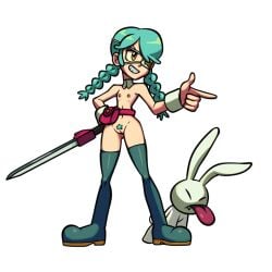 1girls annie_(skullgirls) braided_twintails breasts bunny_plush edit eye_patch female flat_chest flat_chested green_hair green_pubic_hair jomokin light-skinned_female nipples plushie pubic_hair pussy sagan_(skullgirls) skullgirls small_breasts star-shaped_pubic_hair star_pubic_hair sword thigh_gap transparent_background twintails vagina yellow_eyes