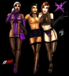 2011 3girls ashley_(jingozah) assumi blizzard_entertainment breast_grab choker dark-skinned_female dark_skin groping high_heels human human_(world_of_warcraft) large_breasts multiple_girls original_character piercing pussy see-through see-through_clothing shina stockings suspenders warcraft world_of_warcraft