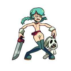 1girls annie_(skullgirls) braided_twintails breasts bunny_plushie closed_eyes edit eye_patch female flat_chest flat_chested green_hair green_pubic_hair jomokin light-skinned_female nipples plushie pussy sagan_(skullgirls) skullgirls small_breasts star_pubic_hair sword thigh_gap transparent_background twintails vagina