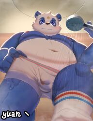 2022 aipangpangdeyua anthro belly big_belly blue_body blue_eyes blush bulge clothing giant_panda hi_res kemono male mammal moobs navel nipples overweight overweight_male solo underwear ursid white_body