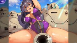 1girls alabaman black_hair blue_eyes c-cup crotch_on_gun cyan_eyes female game_cg grinding grinding_through_clothes large_breasts light_skin nutaku purple_outfit purple_tights robot shelter_69 smile smiling_at_viewer tanned tanned_skin tight_clothing trixie_williams_(shelter_69) yankee