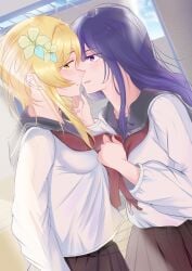 2girls blonde_hair breasts clouds eye_contact female female_only flower_in_hair genshin_impact grabbing_another's_chin heitubaiutu long_hair lumine_(genshin_impact) medium_breasts medium_hair purple_eyes purple_hair raiden_shogun school_uniform short_hair_with_long_locks sky tile_floor window yellow_eyes yuri