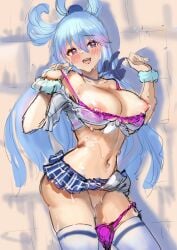 1girls aqua_(konosuba) ass belly_piercing big_ass blue_eyes blue_hair blush bra breasts cleavage drooling female_only gyaru hair_ornament heart-shaped_pupils kono_subarashii_sekai_ni_shukufuku_wo! large_breasts long_hair looking_at_viewer midriff miniskirt navel_piercing necktie nipples open_clothes open_mouth panties_around_leg panties_down piercing pussy pussy_juice sakura_rock school_uniform short_skirt skirt solo sweat thick_thighs thighhighs thighs tied_shirt underwear undressing