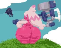 2022 anthro ass big_butt bird bottom_heavy cloud corviknight day eyelashes fat_ass grass hammer hand_on_hip holding_weapon huge_ass large_hammer long_hair looking_at_viewer looking_back outside pink_body pink_hair pink_skin pixel_art pokemon pokemon_(species) pokemon_ss pokemon_sv shortstack smiling spinneborg standing tagme thick_ass thick_thighs thunder_thighs tinkaton tools weapon wide_hips