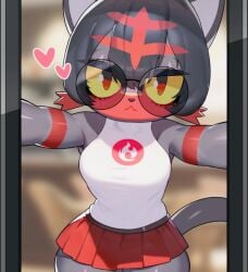 bare_shoulders black_fur cat_ears cat_girl cat_tail detailed_background drunkoak feline female female_focus female_only heart heart litten looking_at_viewer nintendo pokémon_(species) pokemon pokemon_only red_eyes skirt thick_thighs